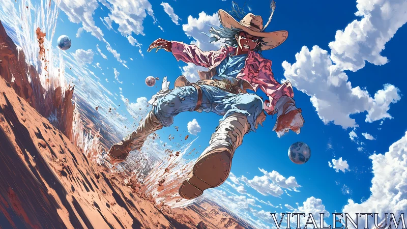 Cowboy figure leaping across desert slope under blue sky.