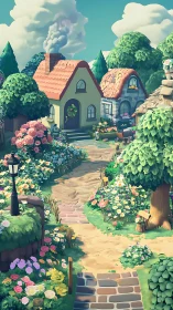 Sunlit cottage path winds through lush stylized village garden