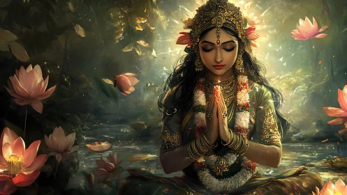 Divine meditative goddess amid glowing lotus pond and foliage