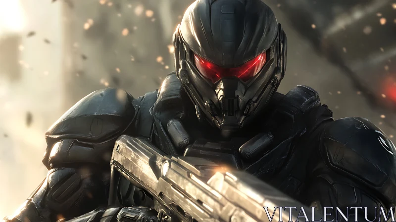 Armored cyber soldier levels rifle amid urban firefight