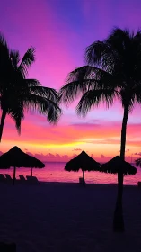 Neon sunset quietly crowns palm silhouettes by the sea