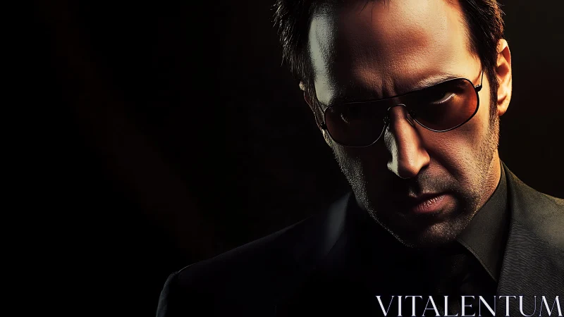 Serious man in dark suit and sunglasses against black space.