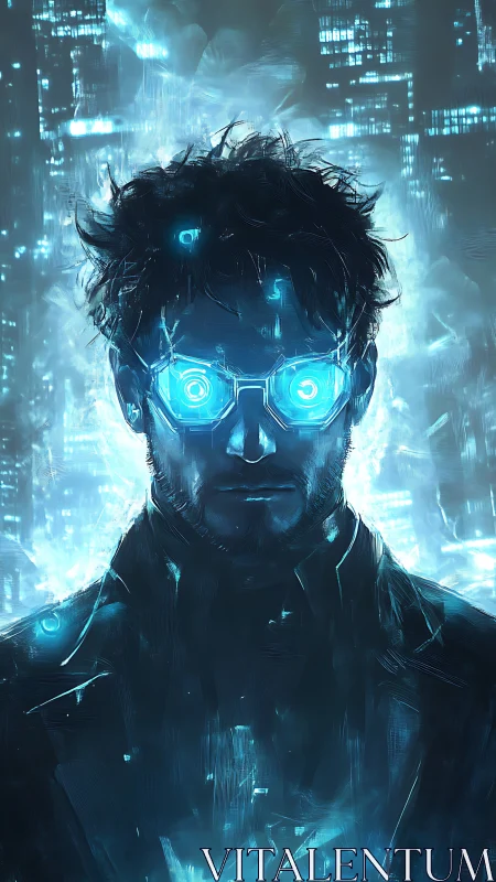 Cybernetic hacker with glowing visor in neon cityscape.