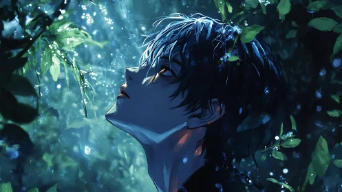 Boy gazes into glowing forest canopy in quiet, dreamy awe
