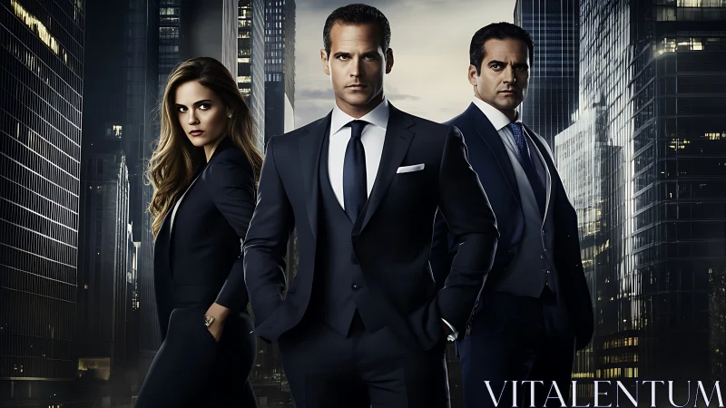 Three corporate professionals in navy suits positioned against metropolitan skyline backdrop.