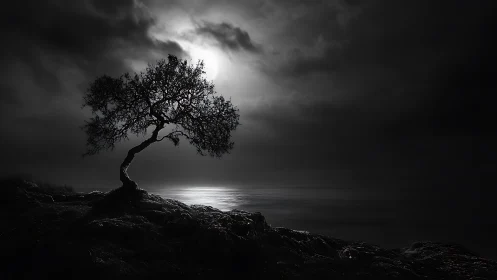 Backlit coastal tree silhouette under high-contrast moonlit sky