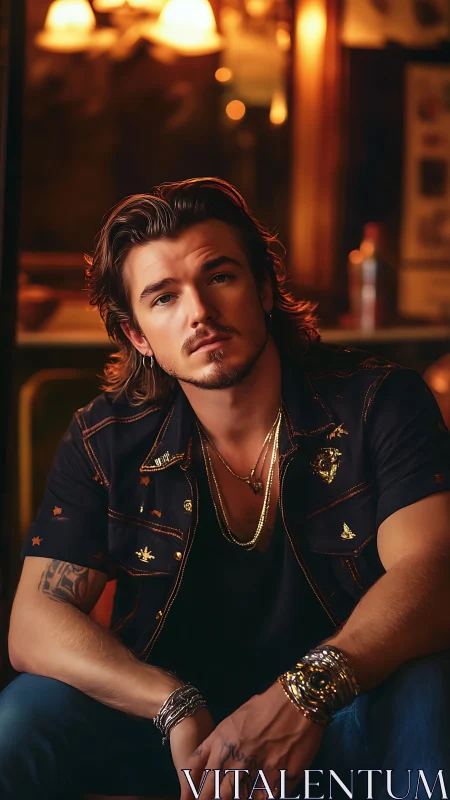 Stylish young man in bar with warm moody lighting.