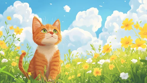 Orange tabby cat rendered in digital painting style positioned within cheerful meadow scene