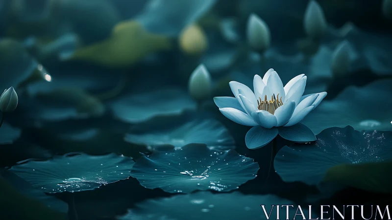 Nocturnal lotus study in cinematic digital painting chiaroscuro.