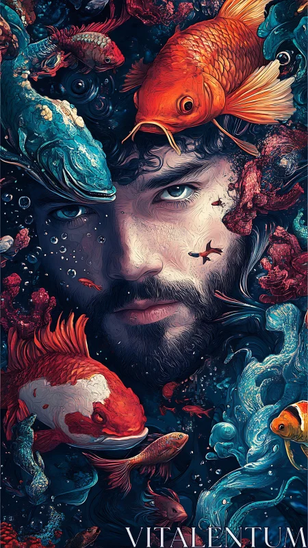 Mystical bearded portrait drifts among vivid underwater koi