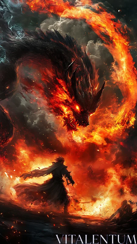 Human silhouette confronting large flaming dragon form.