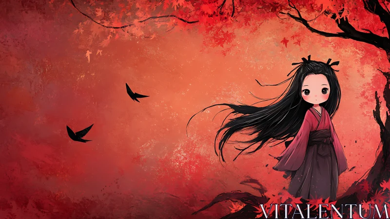 Autumn wind fairy girl beneath crimson maple skies.