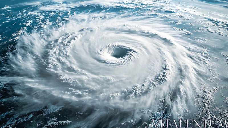 Satellite hurricane eye shows spiral cloud bands in motion.
