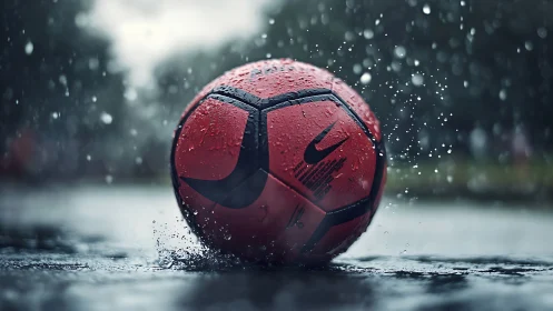 Red soccer ball lies on wet asphalt amid dramatic rainfall
