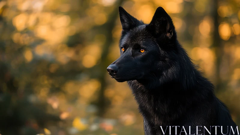 Black wolf-dog gazes through golden forest light at dusk