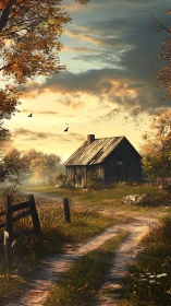 Weathered rural cottage under soft autumn evening light.