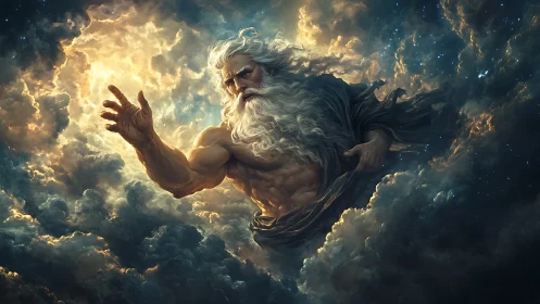 Muscular bearded figure emerges from illuminated storm clouds