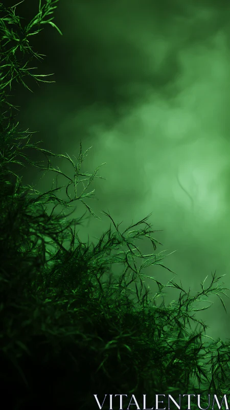 Backlit aquatic foliage emerges against diffused green haze