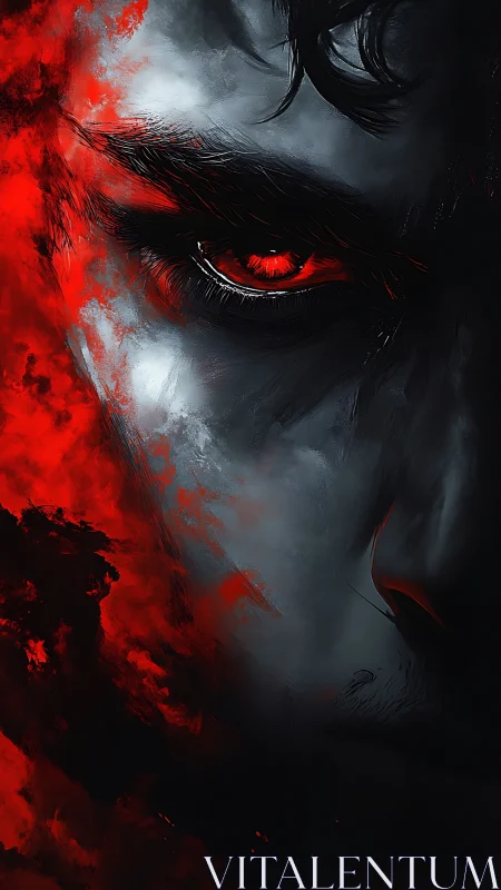 Fiery red eye emerges from shadowed, storm-darkened face.