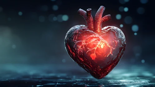 Realistic glowing human heart in digital art style, dramatic lighting.