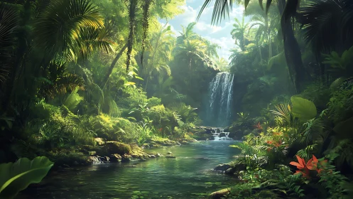 Tropical waterfall sanctuary surrounded by lush jungle canopy.