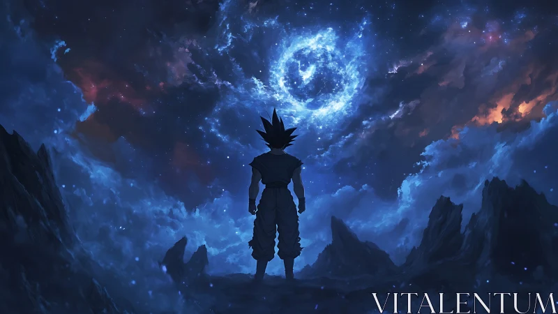Lone anime warrior under swirling cosmic night sky.