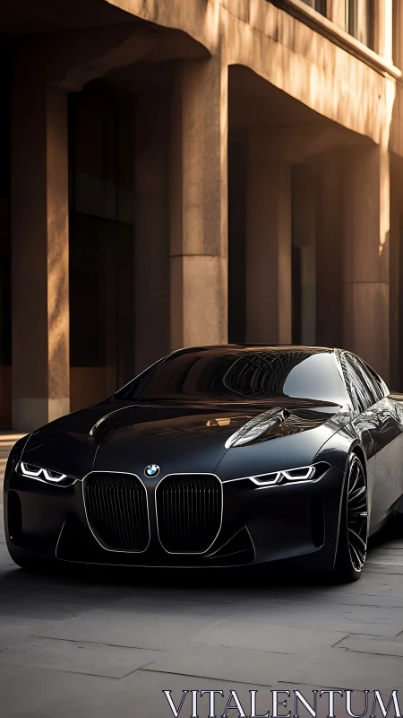 Black BMW sedan on city street with modern architecture.