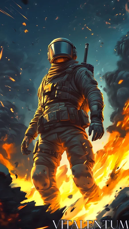 Lone space explorer walking through a storm of fire and stars.