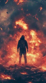 Silhouetted Figure Amid Explosive Fire and Smoke