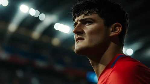 Side-lit football player under stadium LEDs shows focused tension