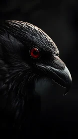 Close-up profile of black raven head with intense red eye
