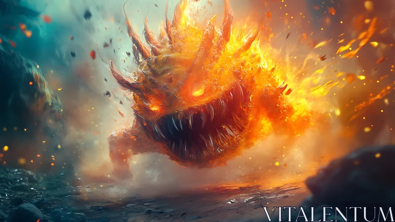 Incandescent fire elemental creature charging through molten mist