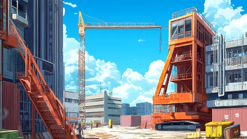 Urban construction yard with orange crane structure.