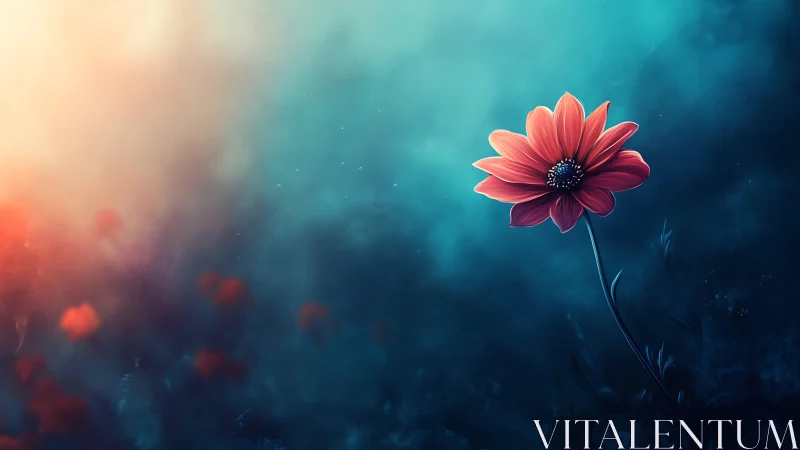 Digital rendered daisy exhibits chromatic isolation through teal gradient atmospheric depth