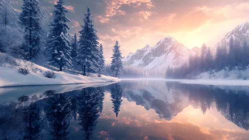 Winter dawn whispers over mirror-still alpine lake reflections.