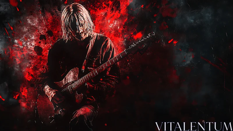 Guitarist lost in fiery red music and midnight shadows.