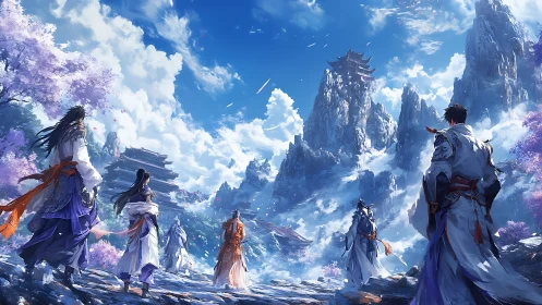 Martial cultivators ascend misty mountain sect under dynamic skies