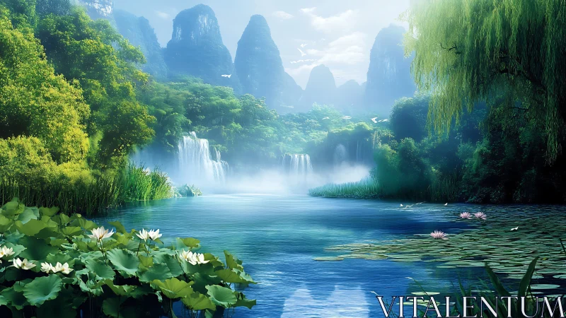 Misty waterfall river valley with lotus and lush forest.