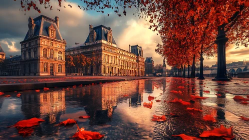 Historic Paris buildings with vivid autumn trees and reflection.