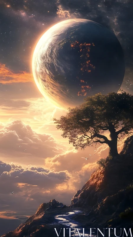 Celestial sunset invites a lone tree to guard the glowing sky