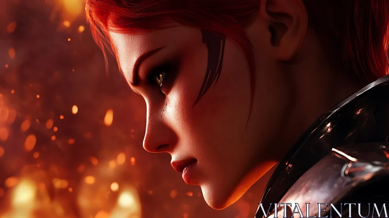 Profile close-up of red-haired armored warrior amid embers