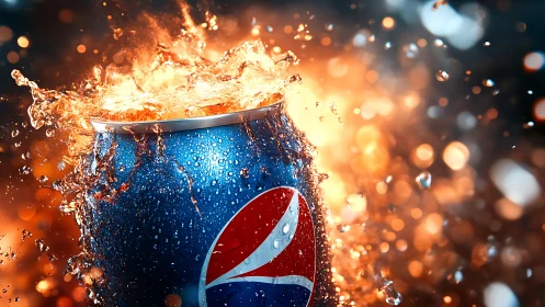 Explosive beverage splash with fiery energy backdrop.