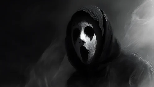 Hooded spectral figure emerges from monochrome digital haze