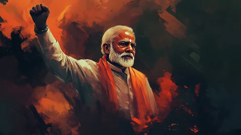 Elder leader raises clenched fist amid blazing orange storm.