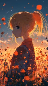 Sunset-kissed anime girl wandering through ember-bright flowers.