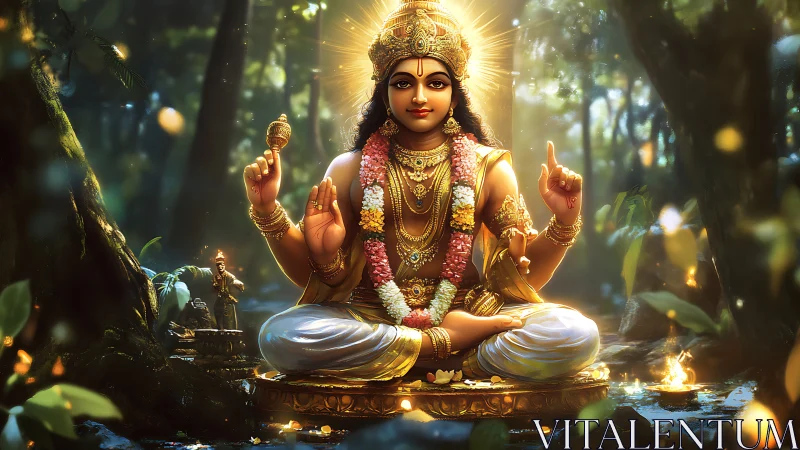 Golden forest deity meditates on lotus pedestal with halo