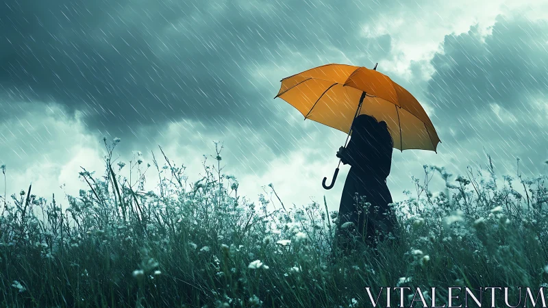 Silhouetted figure with orange umbrella in stormy meadow.