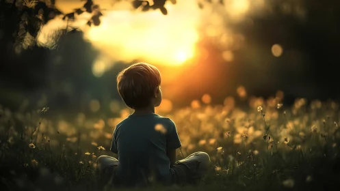 Child watches glowing sunset across tranquil meadow field.