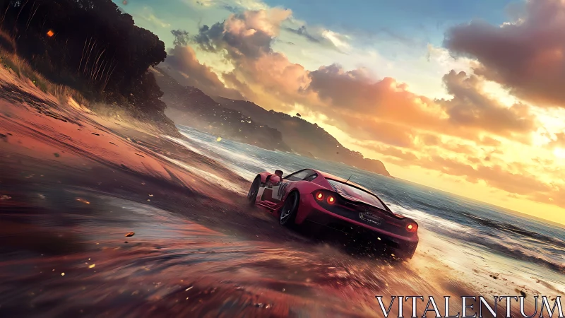 Scarlet supercar drifting along a sunlit tropical shoreline.