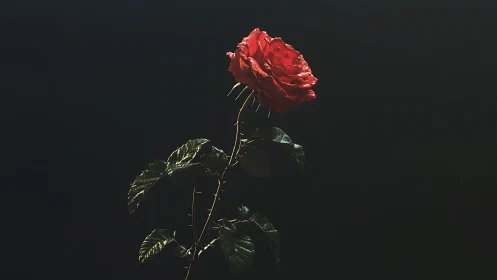 Red Rose Against Dark Background, Dramatic Botanical Study.